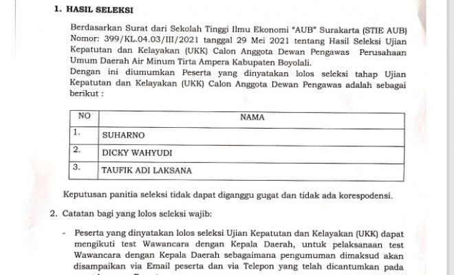 HASIL SELEKSI UJIAN  KEPATUTAN DAN KELAYAKAN  CALON ANGGOTA DEWAN PENGAWAS PERUSAHAAN UMUM DAERAH AIR MINUM TIRTA AMPERA